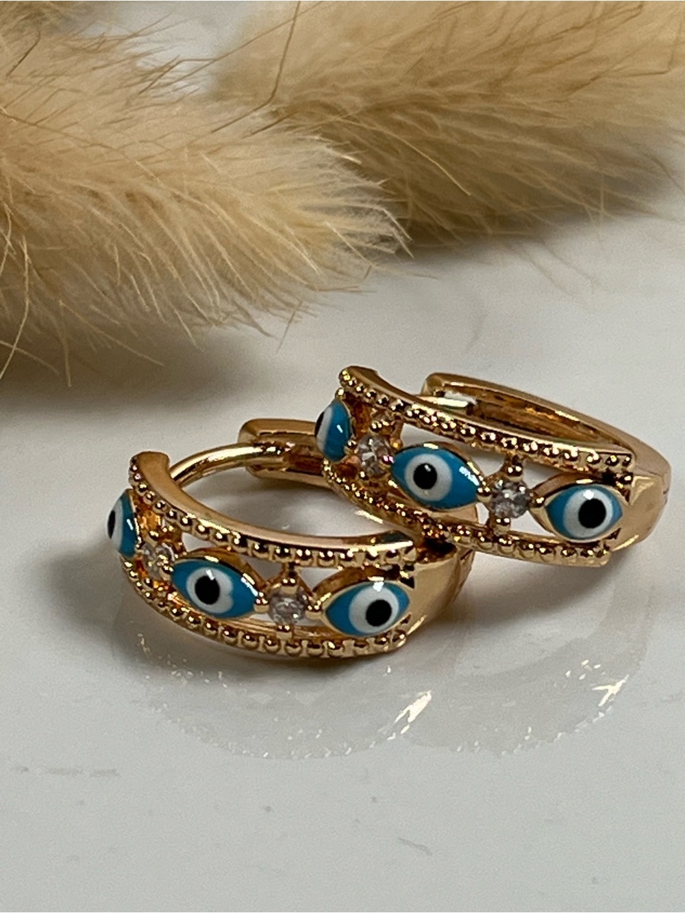 Rose Gold Overlay Evil Eye Cubic Zirconia Huggie Earrings